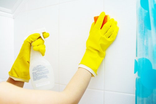 Warning sign and wet floor precautions during carpet cleaning