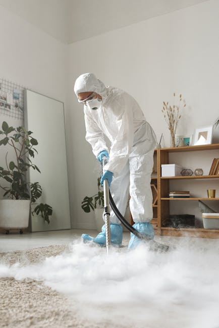 A woman wearing a red headband, pink shirt, and light-colored pants stands barefoot on a wooden floor, using a vacuum cleaner to deep clean a living room with a grey sofa decorated with orange and pat